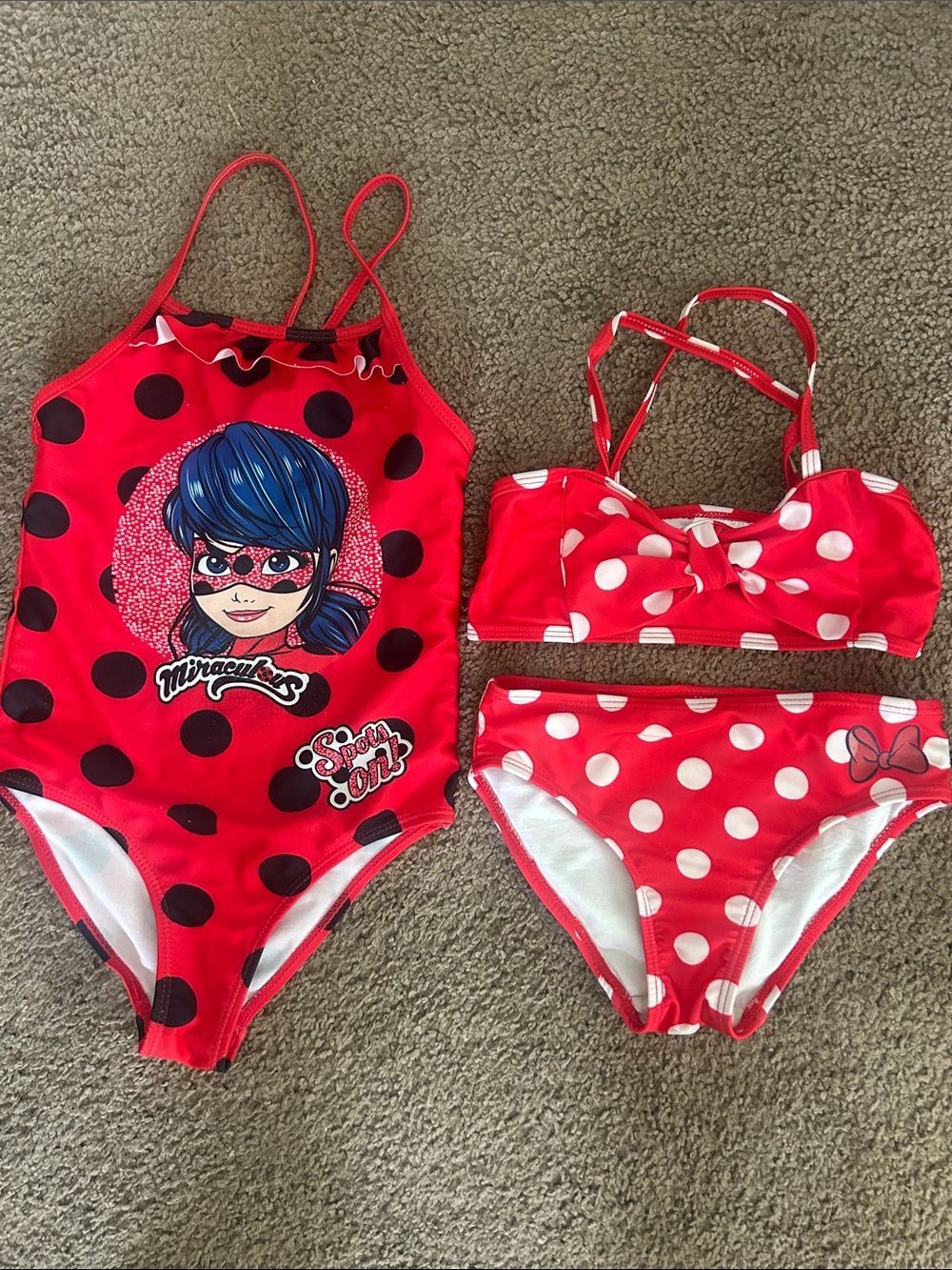 Red Polka Dot Miraculous Swim Set 1 piece and 2 pieces and Disney 5/7 years old